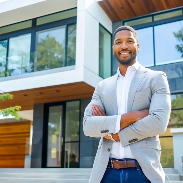 Confident African American man real estate agent stands proudly outside a modern home, radiating expertise and approachability, ready to assist potential house buyers